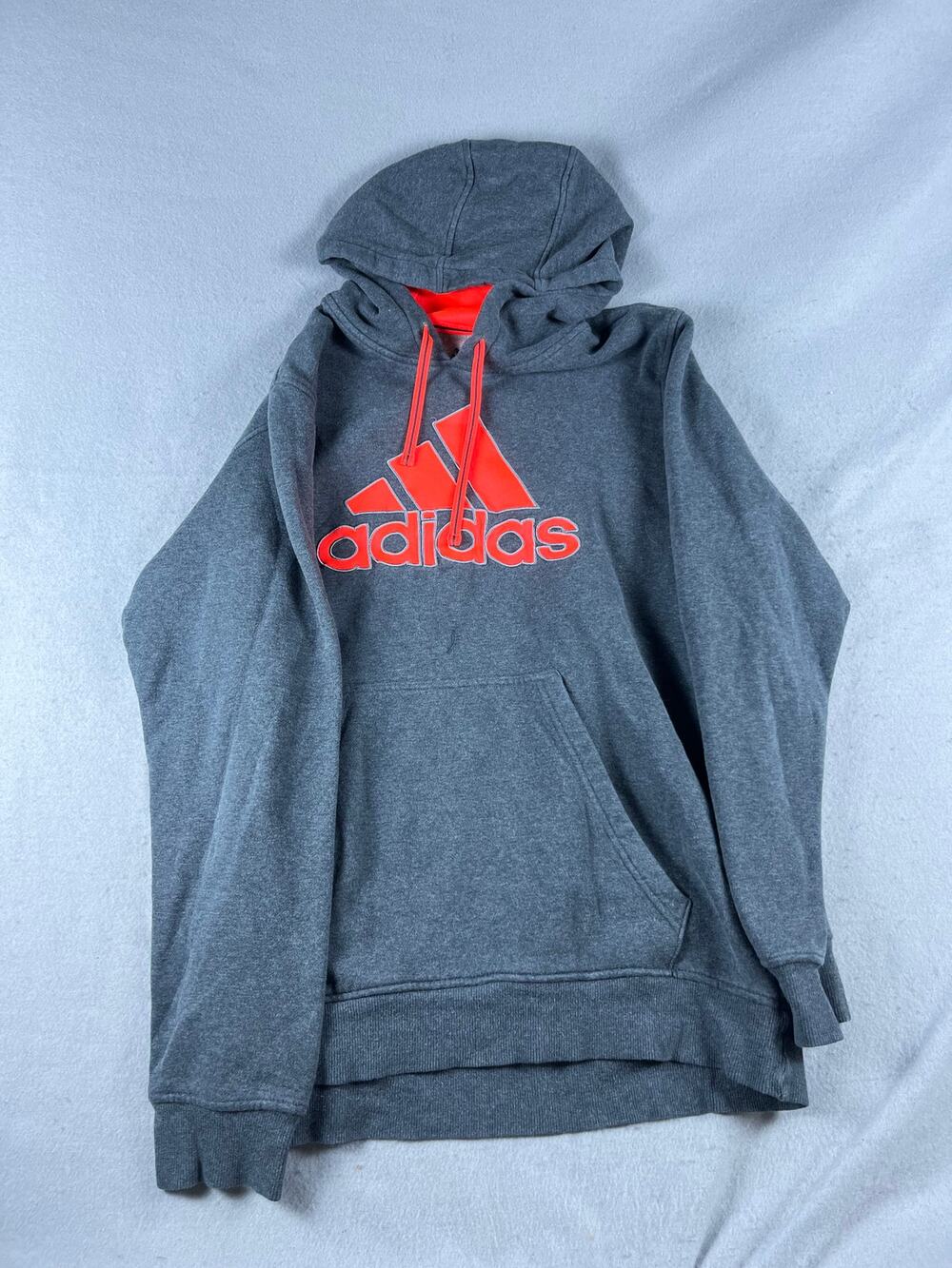 adidas Hoodie Youth XL Gray Trefoil Spellout Logo Fleece Pullover Sweatshirt